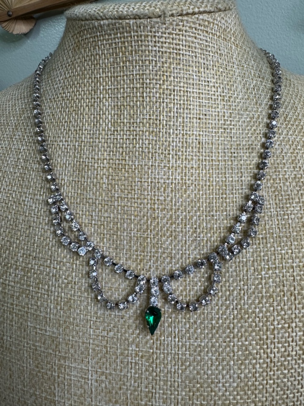 Vintage Silver Tone Crystal Choker Necklace with Emerald Green Teardrop Pendant